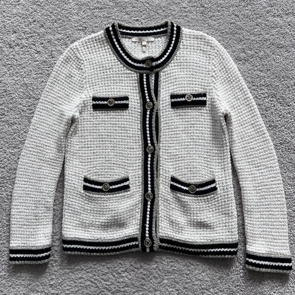 Maje Maquette Waffle Knit Cardigan Sweater Womens Size 2 White Black Trim
